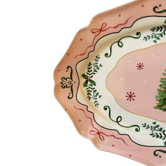 Pink Christmas Tree Serving Platter 14x10 Ceramic Holiday Bows Holly NEW - Picture 10 of 12